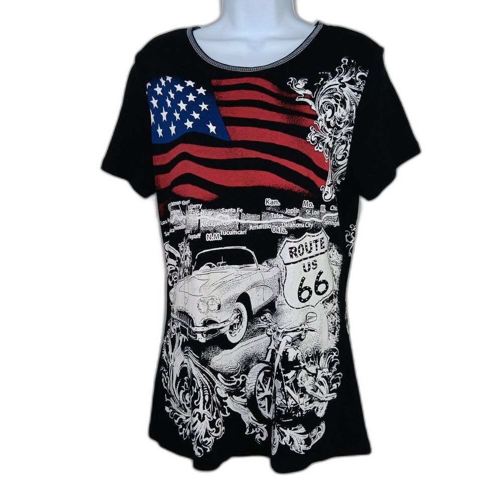 Big Bang USA Route 66 T Shirt Women's Small Black All Over Print Motorcycle Y2K